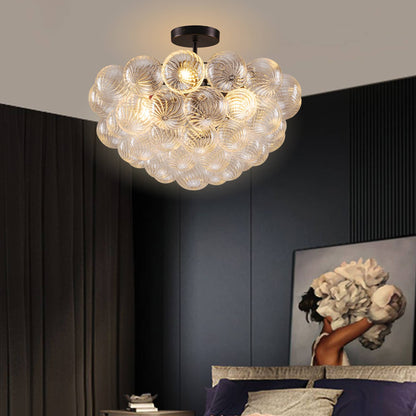 Bubbled Chandelier Semi-Flush Mounted Clear Ribbed Ball Black Frame