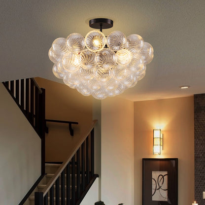 Bubbled Chandelier Semi-Flush Mounted Clear Ribbed Ball Black Frame