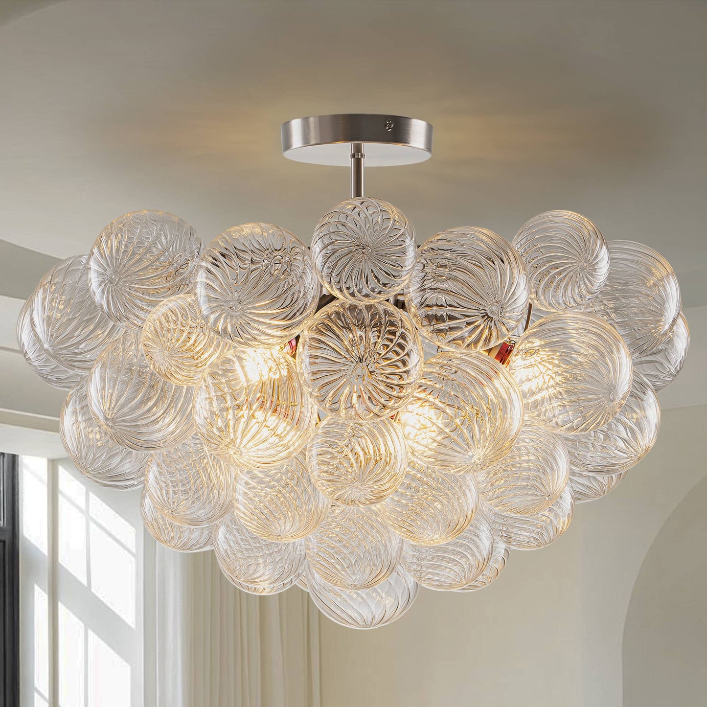 Talia Bubbled Chandelier Semi-Flush Mounted Clear Ribbed Ball Nickel Frame