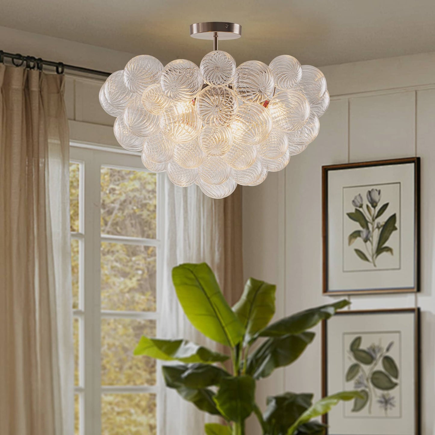 Talia Bubbled Chandelier Semi-Flush Mounted Clear Ribbed Ball Nickle Frame