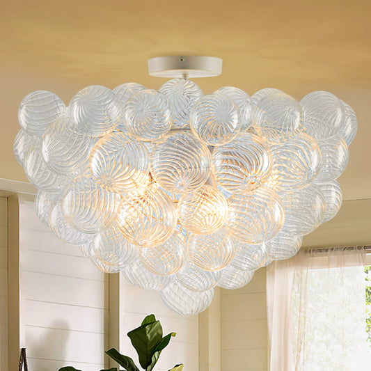 Bubbled Chandelier Semi-Flush Mounted Clear Ribbed Ball White Frame