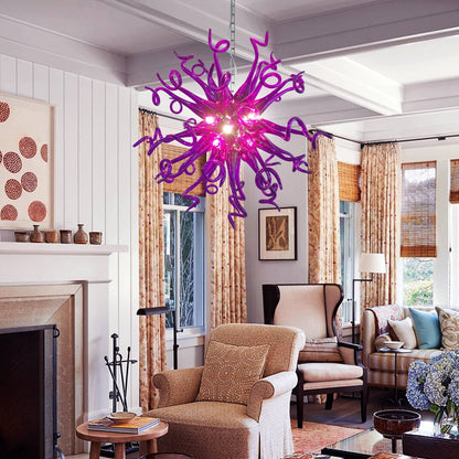 Modern purple Starburst-shape blown glass chandelier hanging in a luxury living room.
