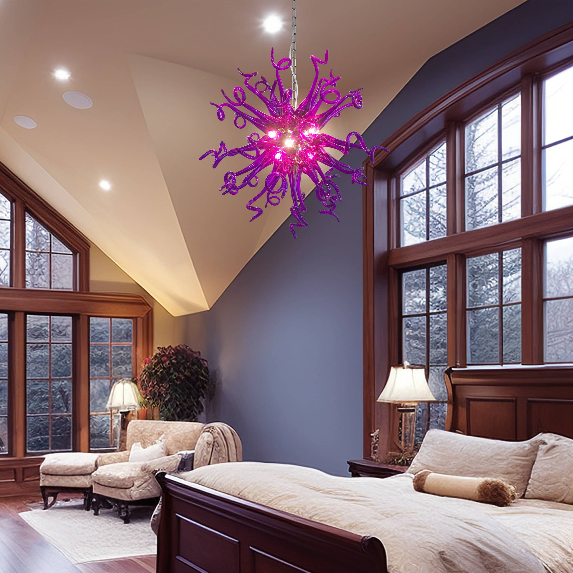 Hand-blown abstract purple pendant light installed in a large master bedroom.