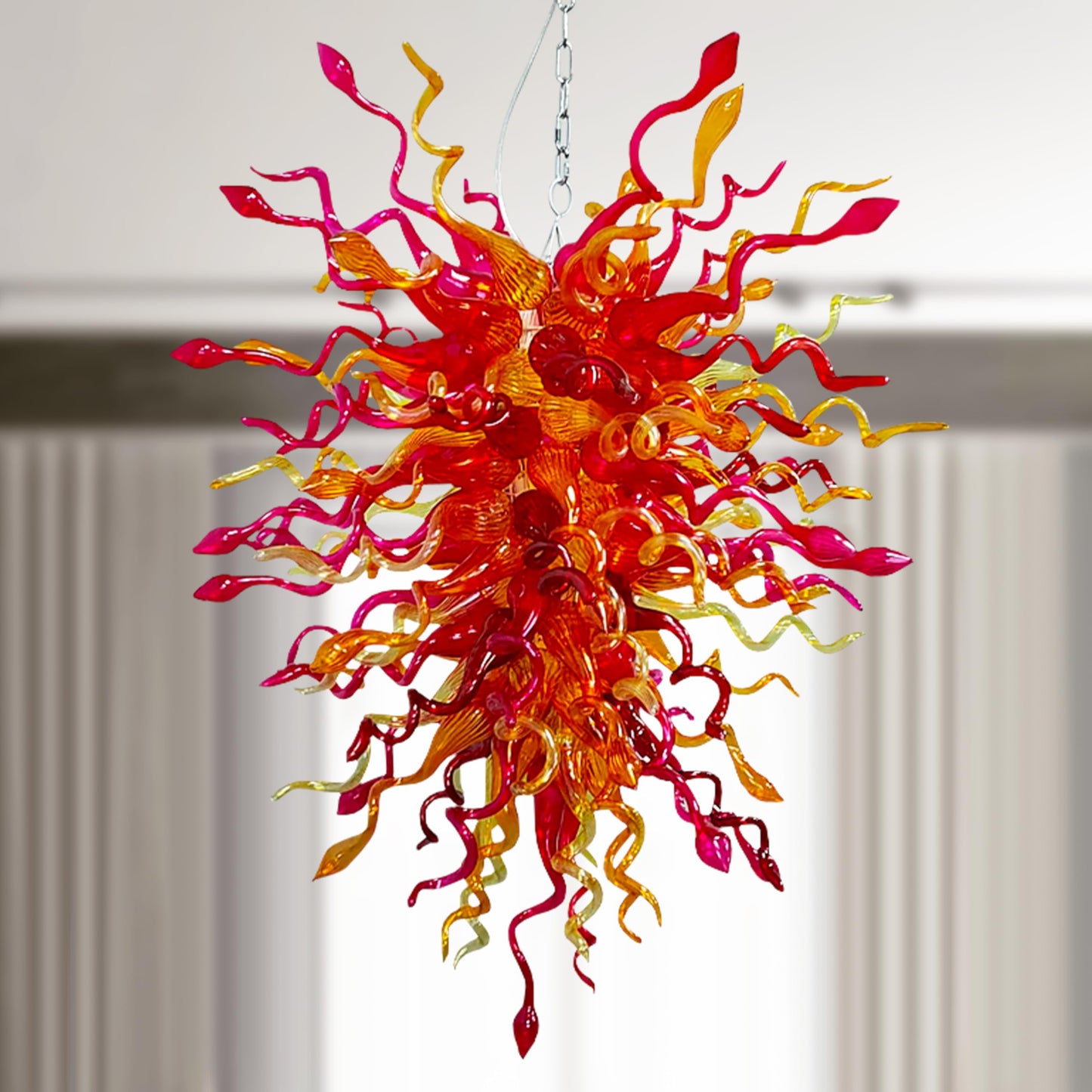 Blown Glass Chandelier Red And Amber For Sale