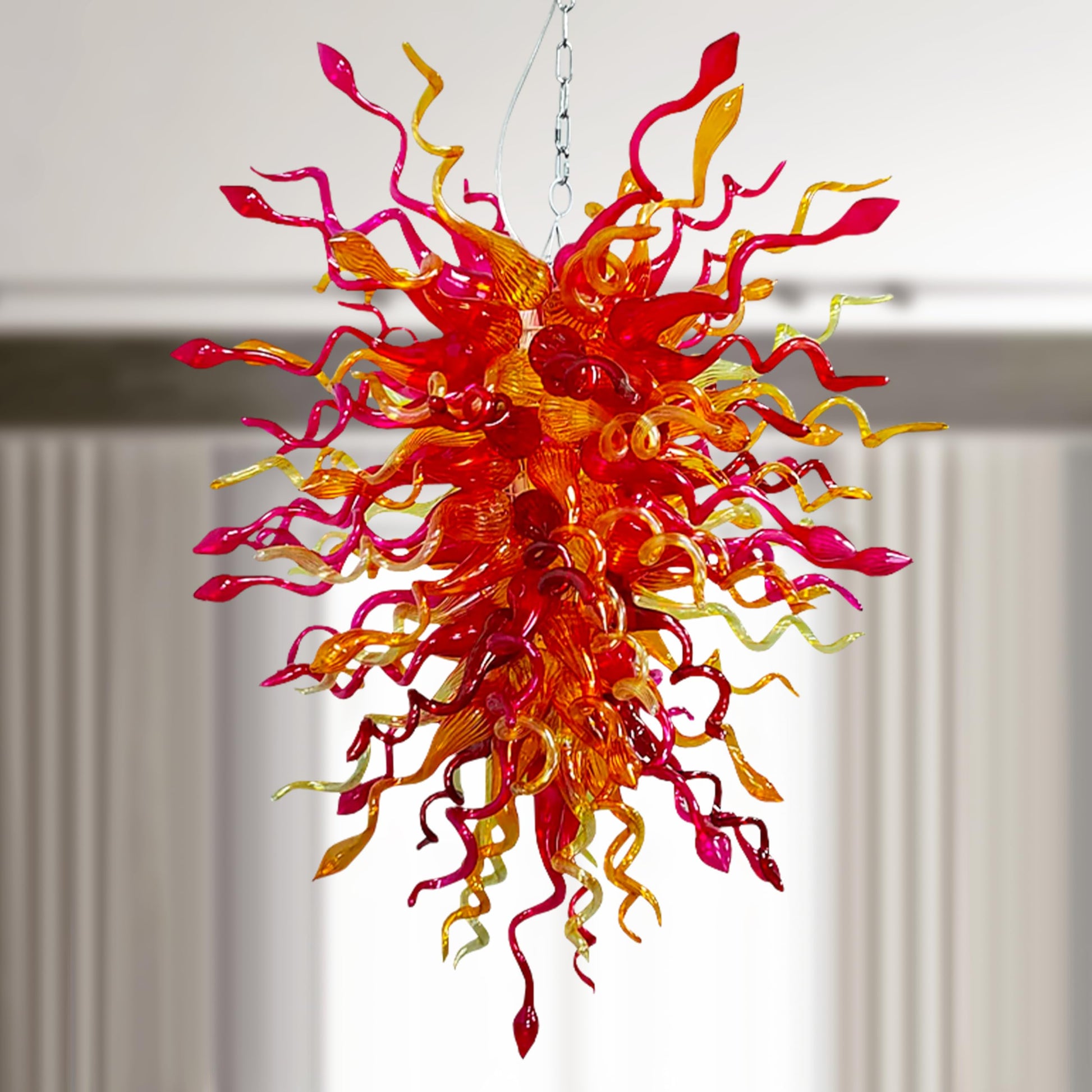 Blown Glass Chandelier Red And Amber For Sale