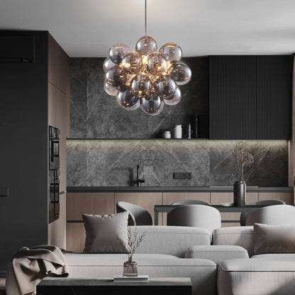 Dramatic hallway lighting with a cluster of smoked black glass bubbles, showcasing a mirror-like surface when the light is turned off.