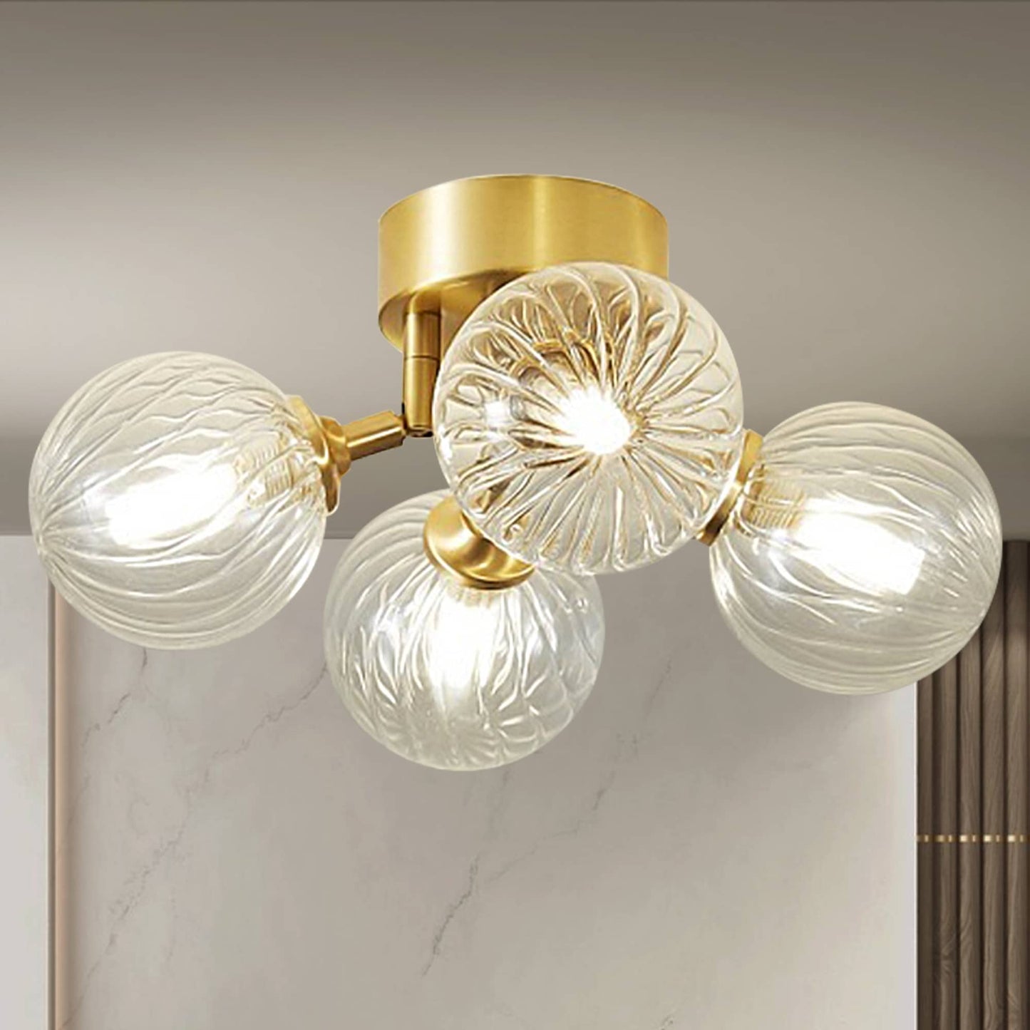 Mid Century Ceiling Light Clear Ribbed Glass Globe Brass Semi Flush