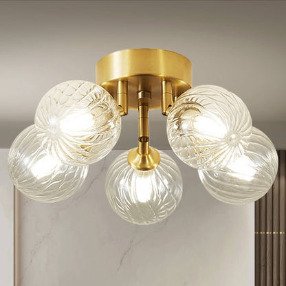 Mid Century Ceiling Light Clear Ribbed Glass Globe Brass Semi Flush