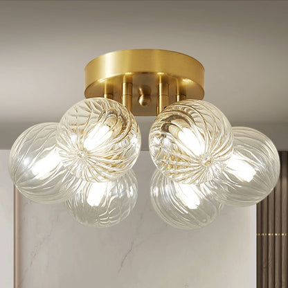 Ceiling Light Clear Ribbed Glass Globe Brass Semi Flush For Entrance Aisle