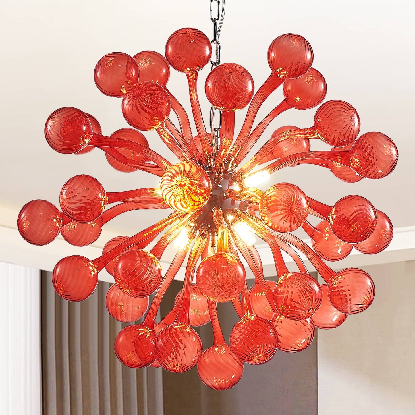 Contemporary Sputnik Shape Blown Glass Chandelier Red Color Ball Knob End