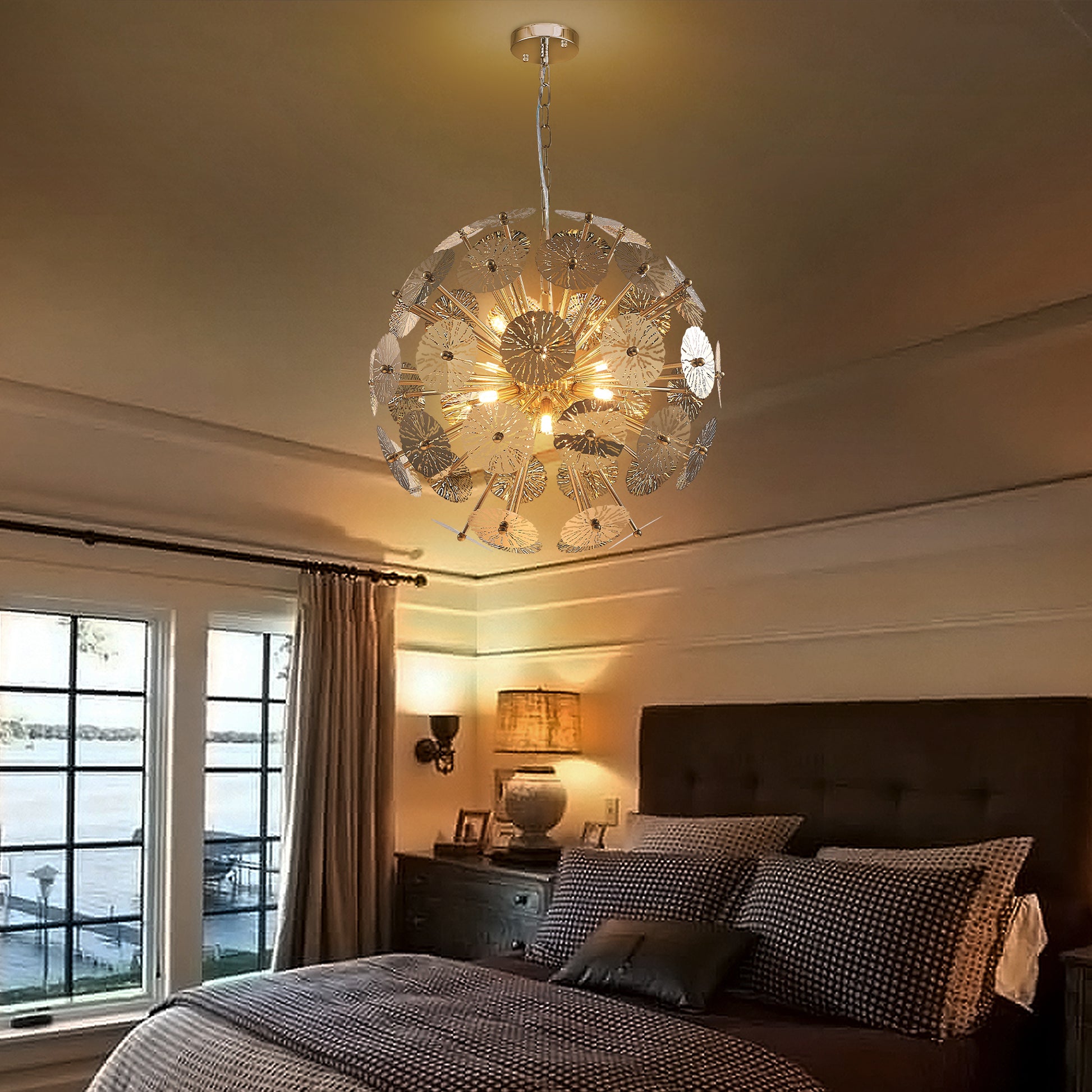 Sputnik Chandelier Dandelion Shape Hollow Out Steel Plates For Bedroom