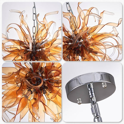 Contemporary Chandelier Blown Murano Like Glass Strip Amber Ribbon