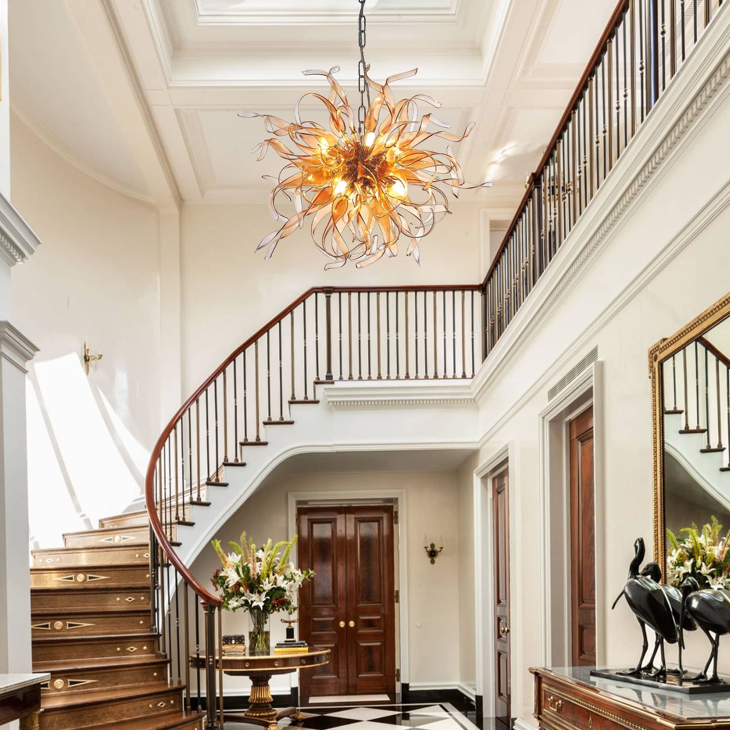 Starburst Shape Chandelier Blown Glass Strip Amber Ribbon