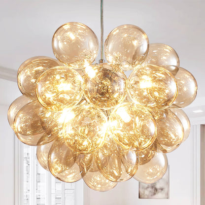 Close-up view of the Amber Bloom Chandelier’s spherical form in a luxury living room setting.