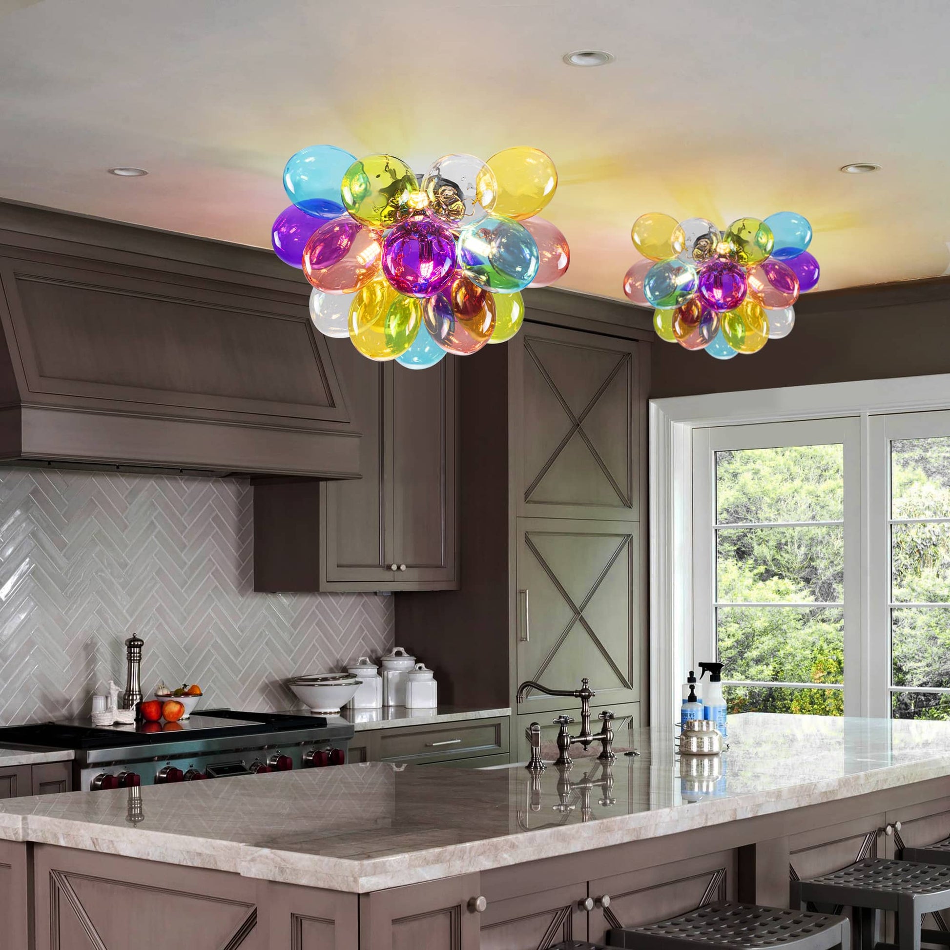 Semi Flush Mount Ceiling Chandelier Colorful Blown Glass Balloon For Bar Counter