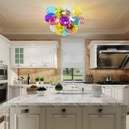 A stunning vibrant glass chandelier with translucent orbs that create beautiful light patterns.