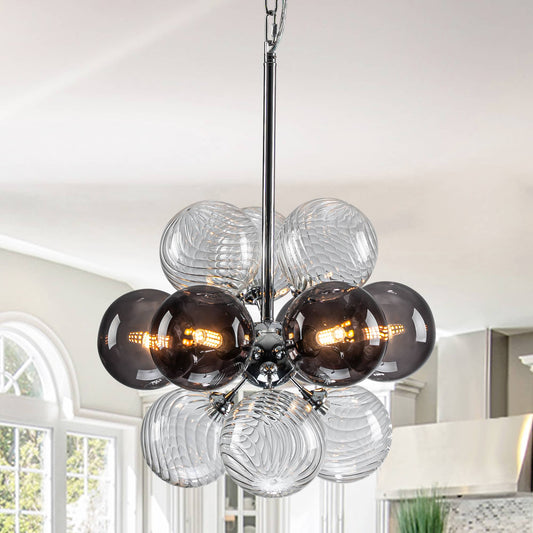 Sputnik Shape Bubbles Chandelier Clear Ribbed Textured Balls And Smoky Gray Smooth Balls