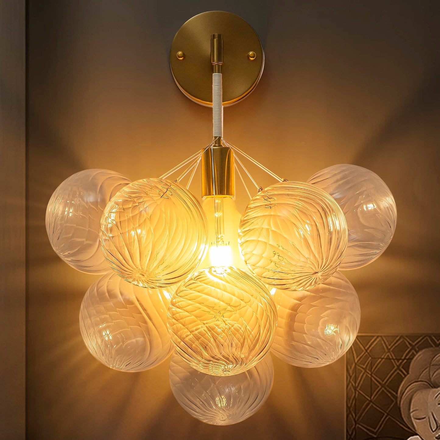 Bubbles Wall Lamp Clear And Ribbed Balls White Canopy And Gold Cord