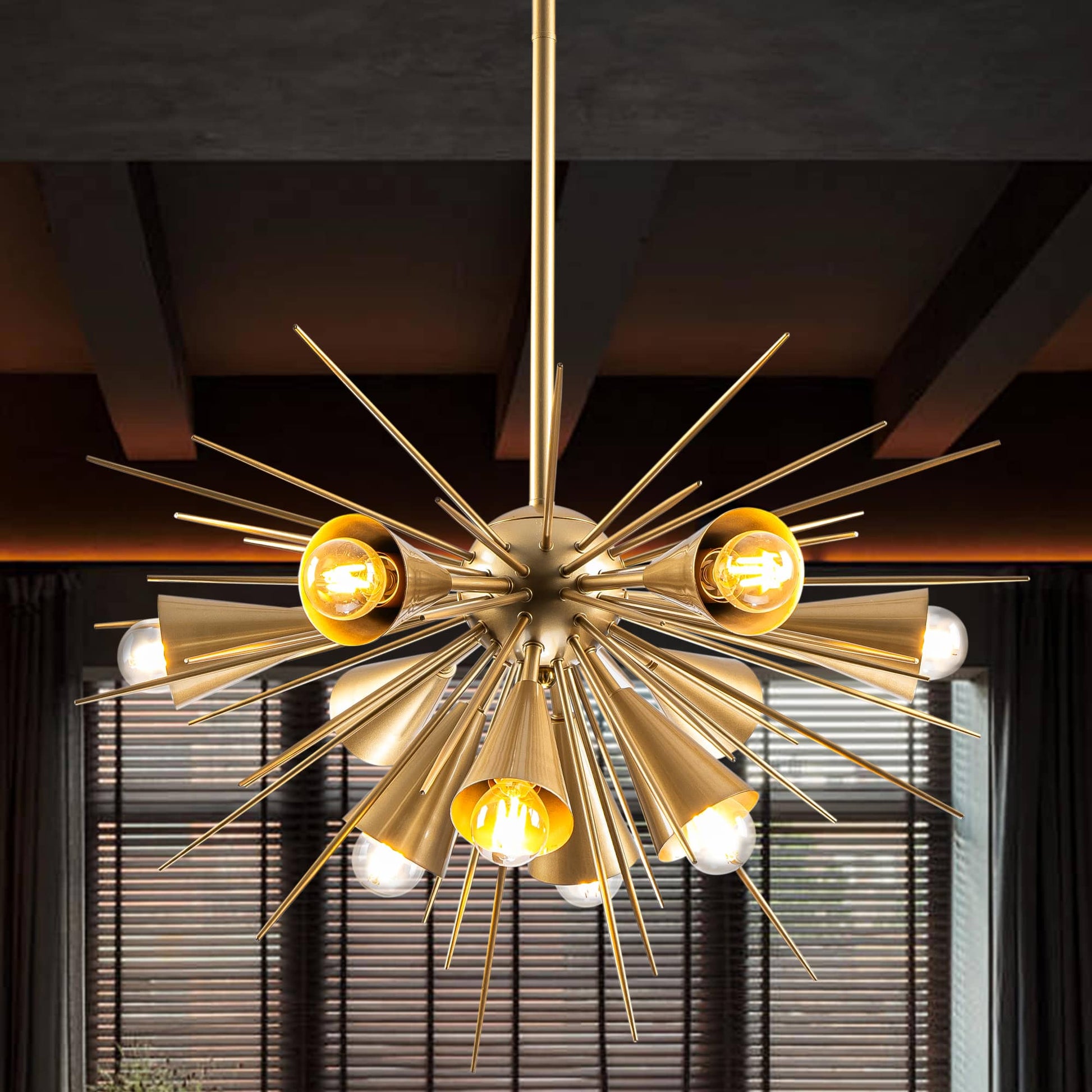 Scandinavian Modernism Radial Sea Urchin Shape Brass 10-Light Chandelier