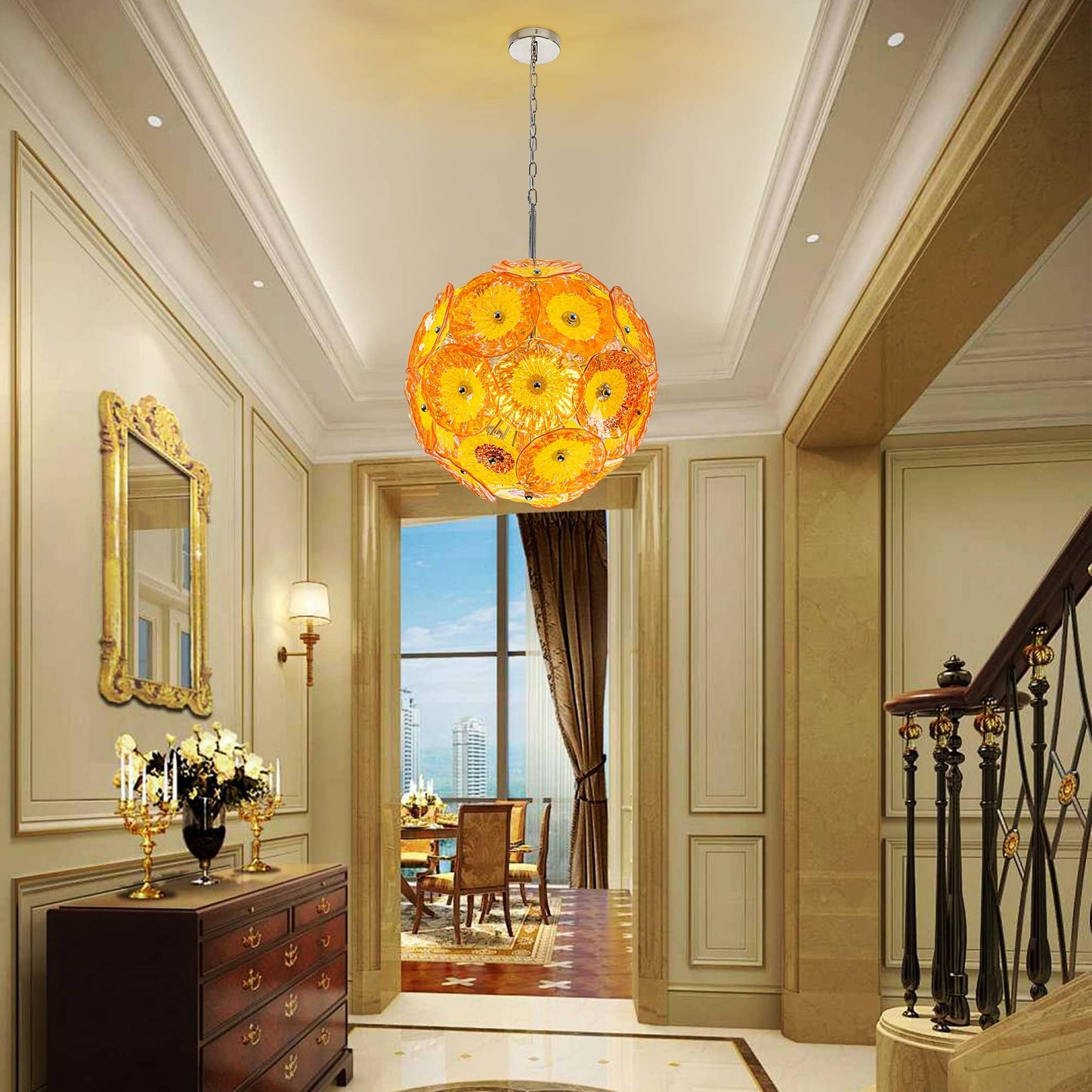 Murano style blown glass flower chandelier hanging in luxury dining room interior
