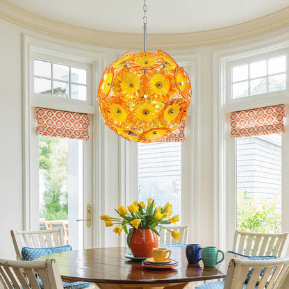 Chihuly style Murano chandelier illuminating contemporary bedroom