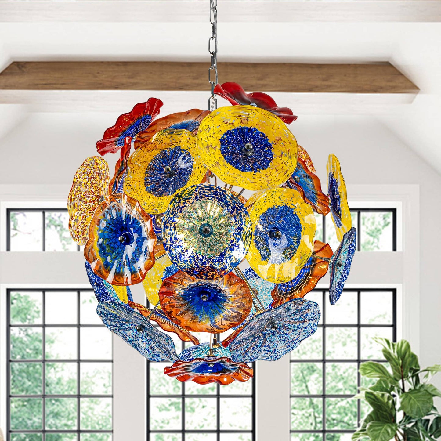 Ceiling In Blooms Blown Glass Plates Chandelier Multi-ColorsCeiling In Blooms Blown Glass Plates Chandelier Multi-Colors