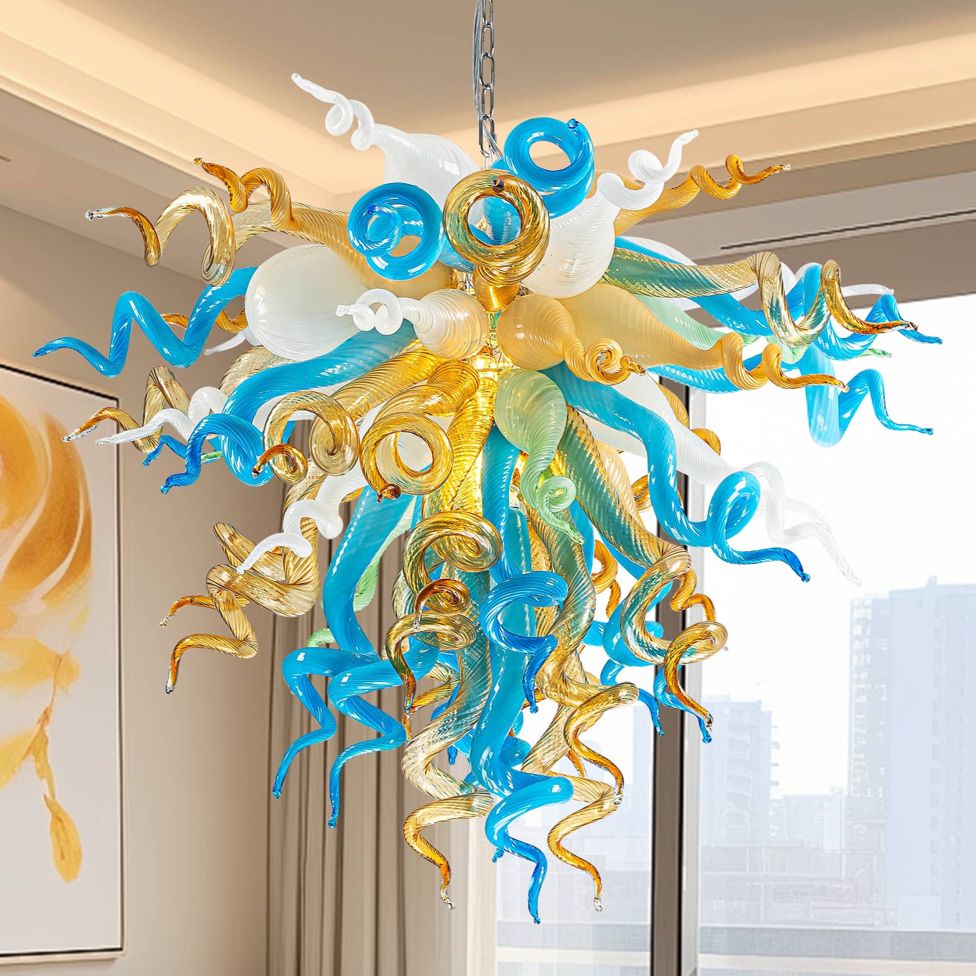 Close-up of LR1578 multi-color blown glass chandelier with amber and blue swirls.