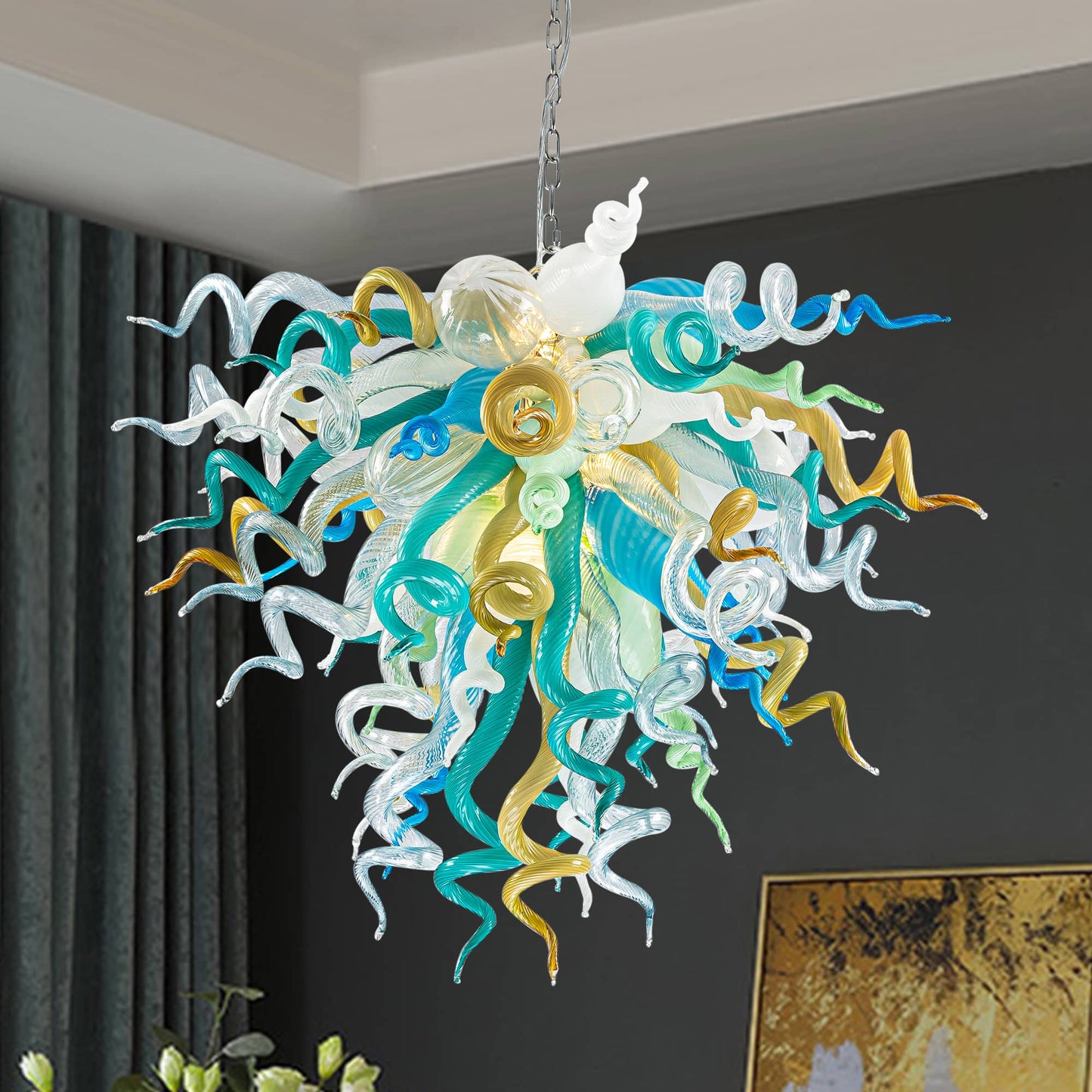 Artisan Murano style glass chandelier with vibrant mint, teal, and yellow tendrils