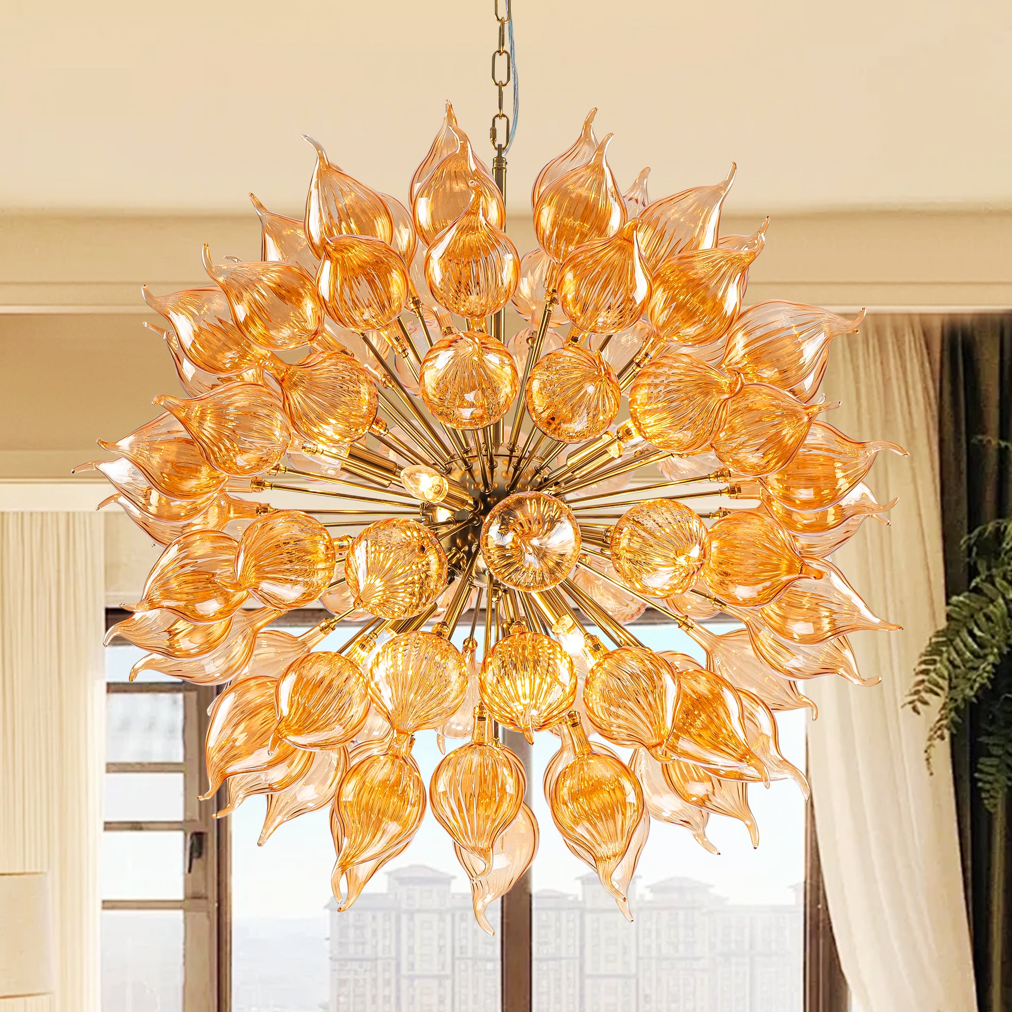 Ornate chandelier with orange glass shades in a room with curtains and a window. Hauptbild