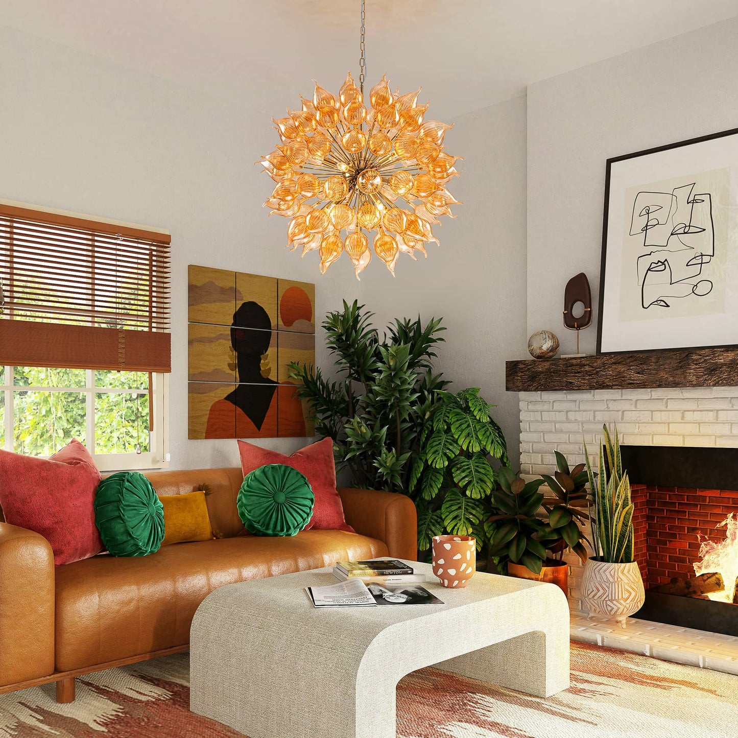 Artistic orange glass pendant light illuminating a contemporary living room with a green accent wall.