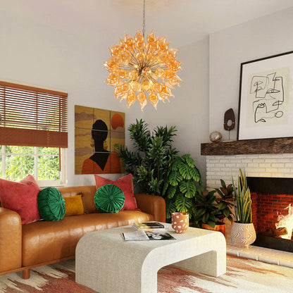 Artistic orange glass pendant light illuminating a contemporary living room with a green accent wall.