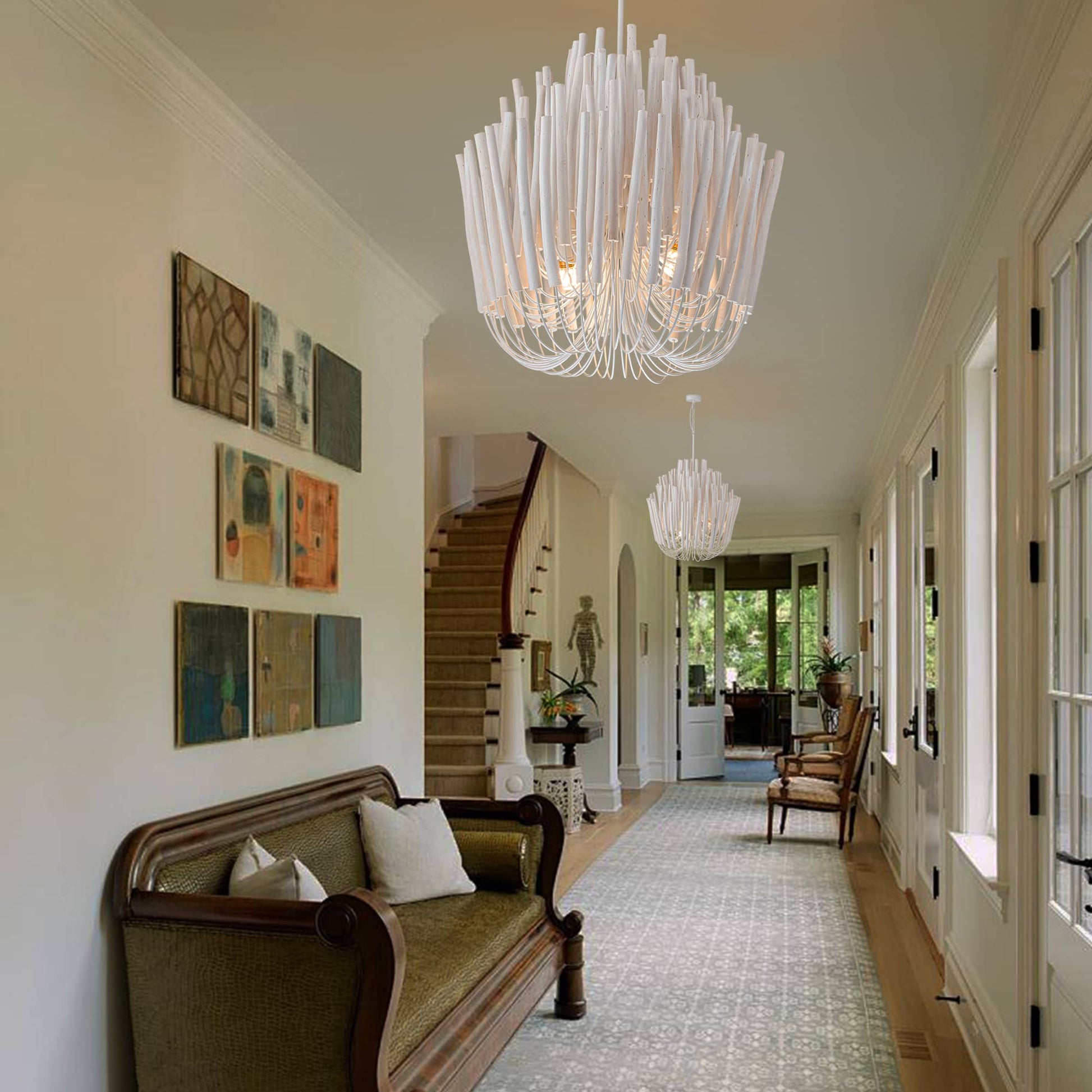 Perspective view of a series of natural wood branch chandeliers lining a bright, modern hallway.