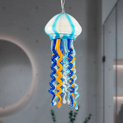 Vibrant Blue & Orange Murano Glass Jellyfish Pendant Lamp