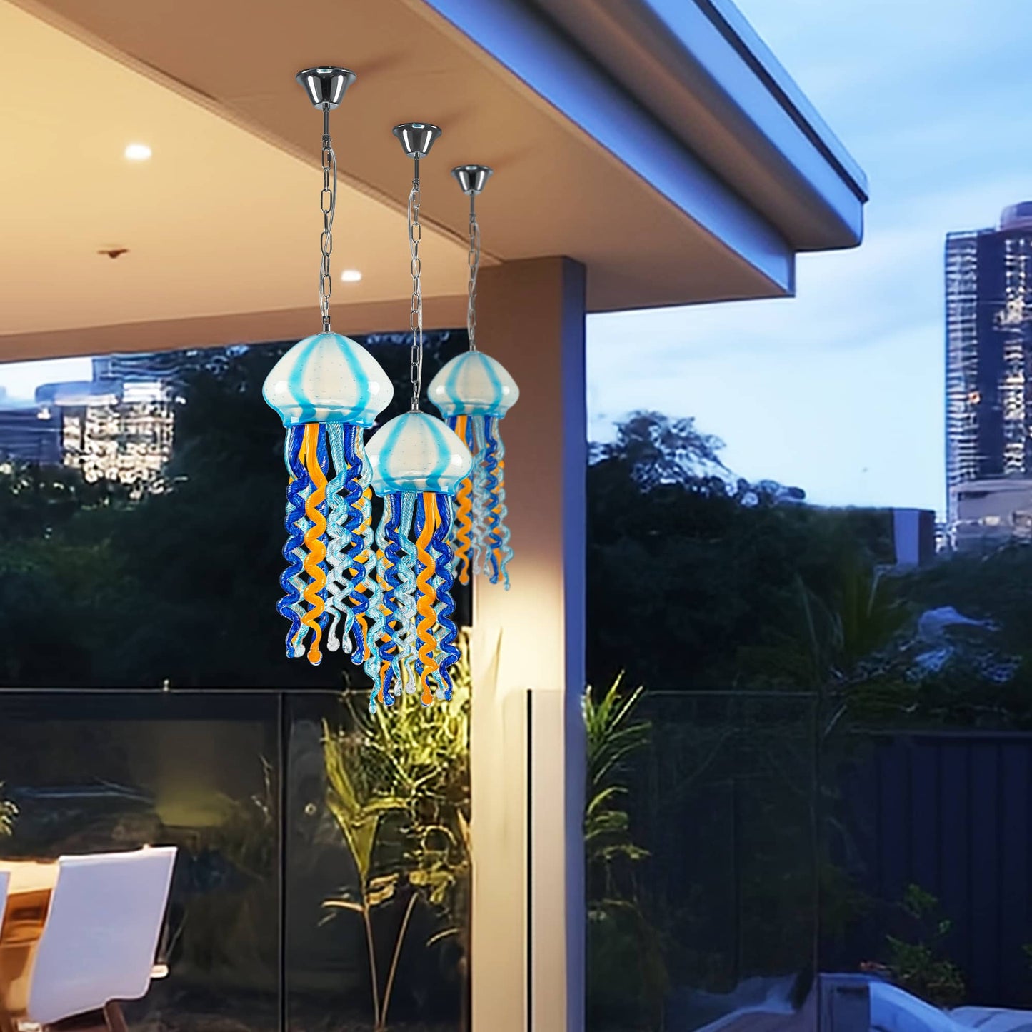 Artistic jellyfish suncatcher hanging on a balcony
