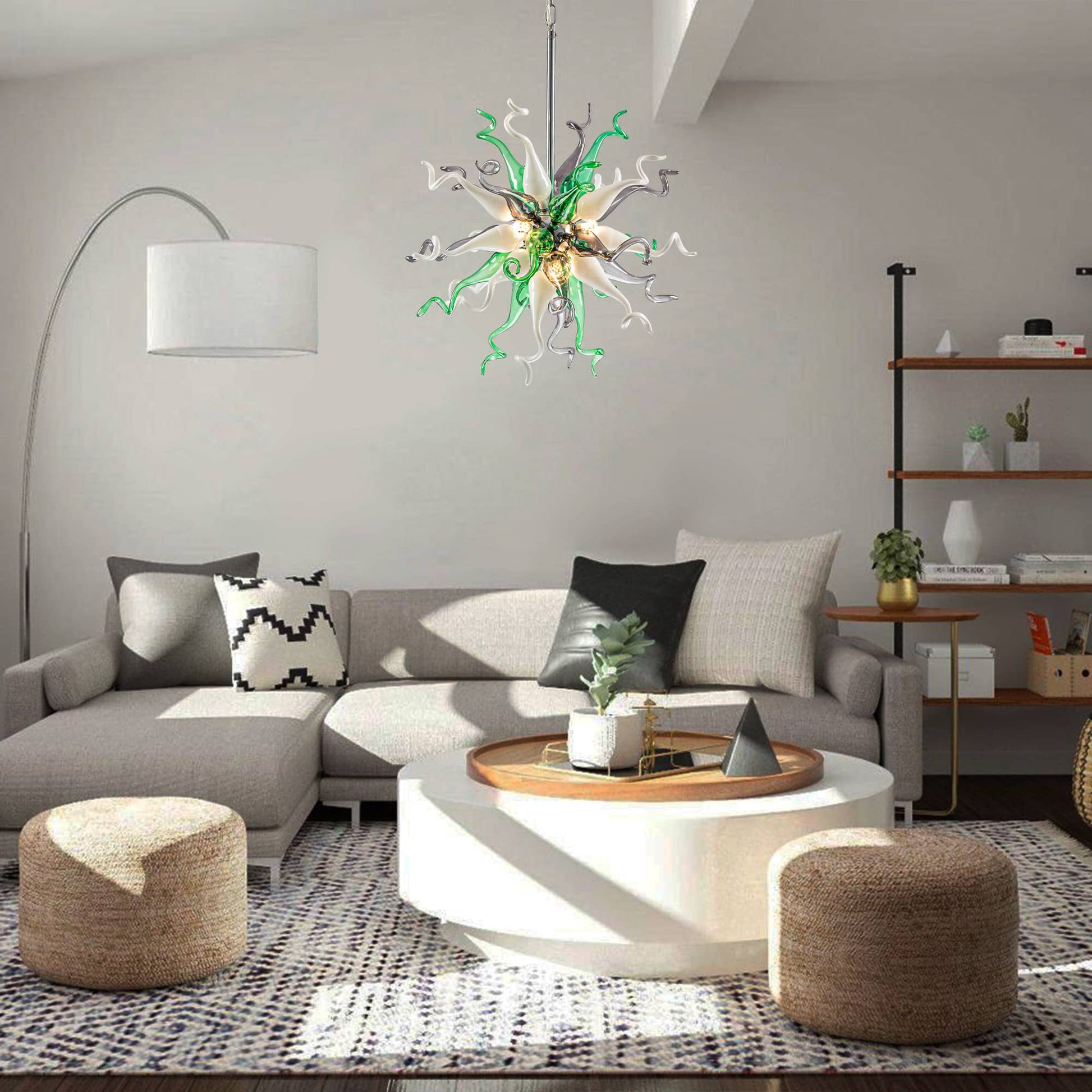 Contemporary lounge area with a nature-toned glass art pendant light over a white sectional sofa.