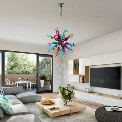 Minimalist bright apartment living room decorated with a colorful curled glass art pendant light.