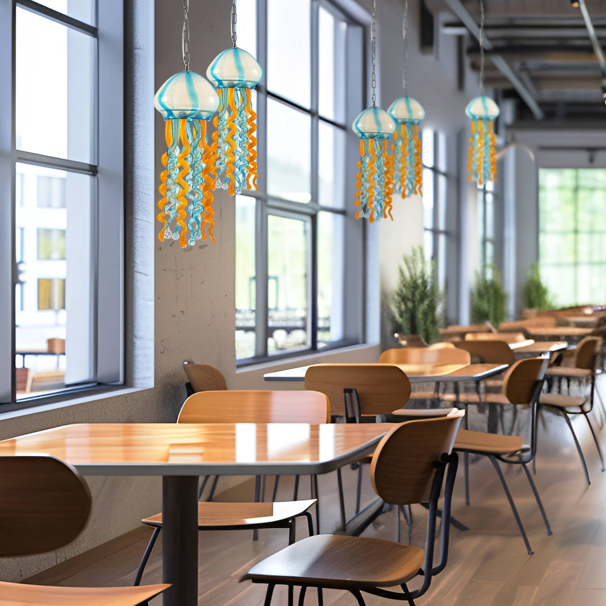 A row of artistic jellyfish glass pendant lights illuminating a bright modern cafe with large windows.