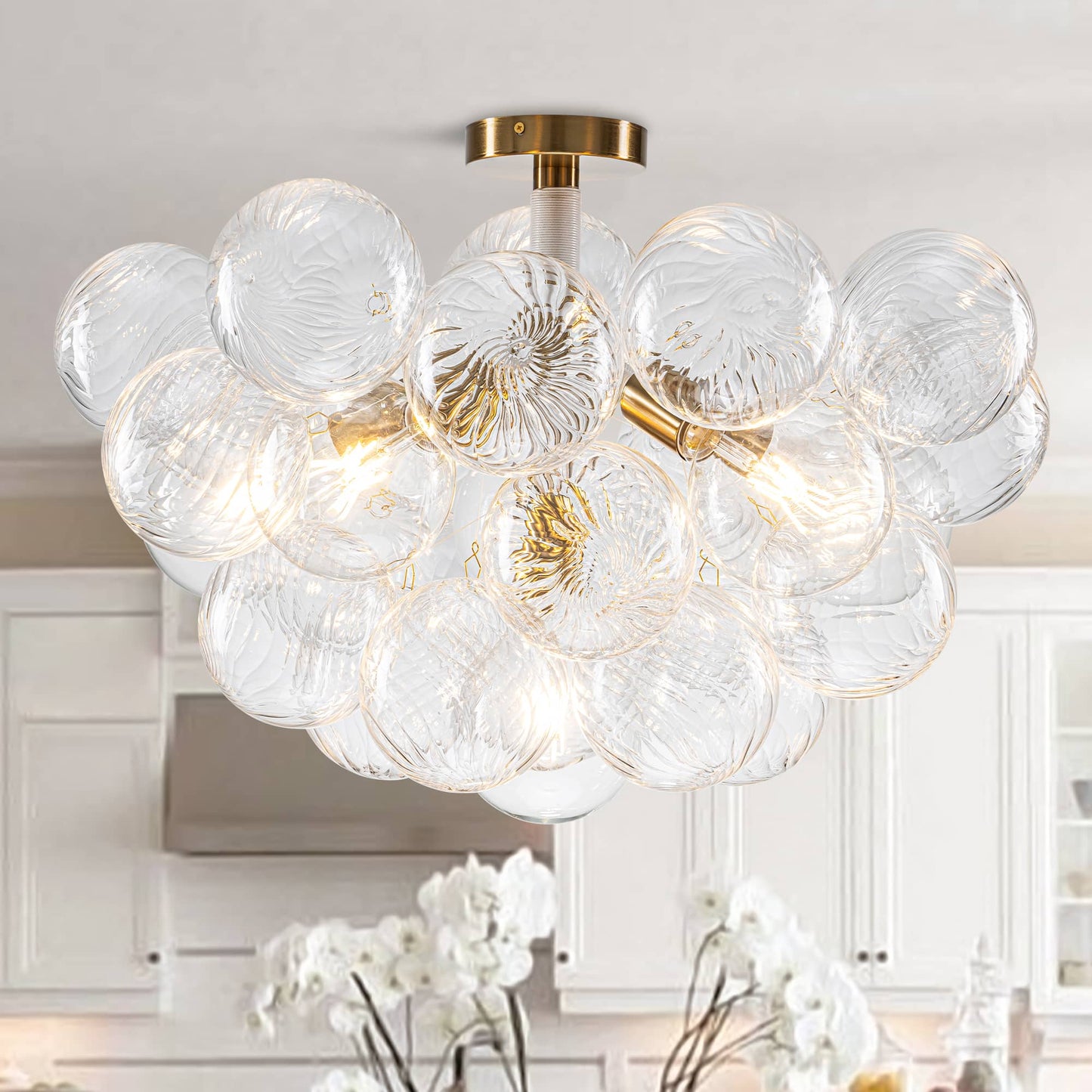 Semi-Flush Bubbles Chandelier Clear Ribbed Texture Glass Balls White