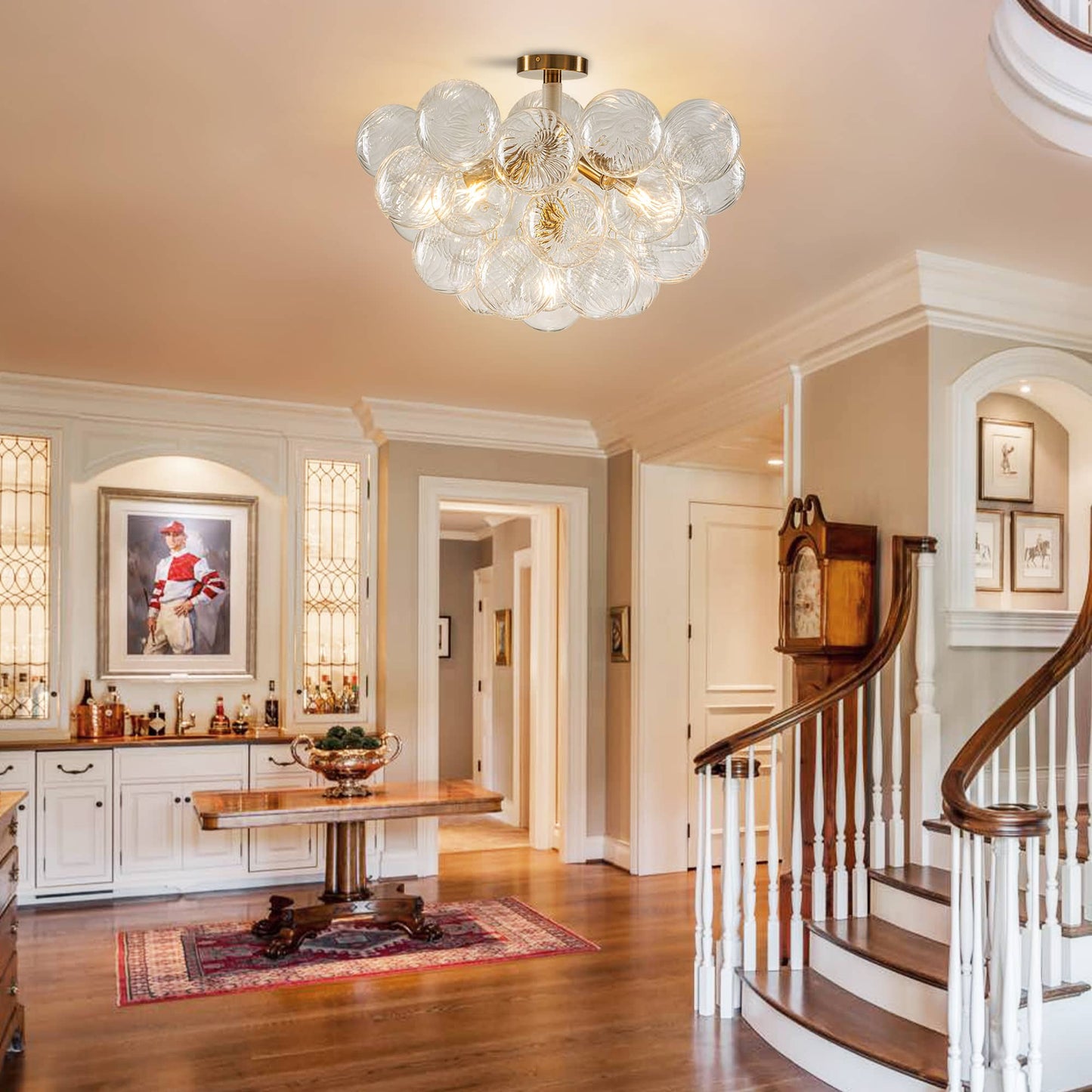 Semi-Flush Bubbles Chandelier Clear Ribbed Texture Glass Balls White