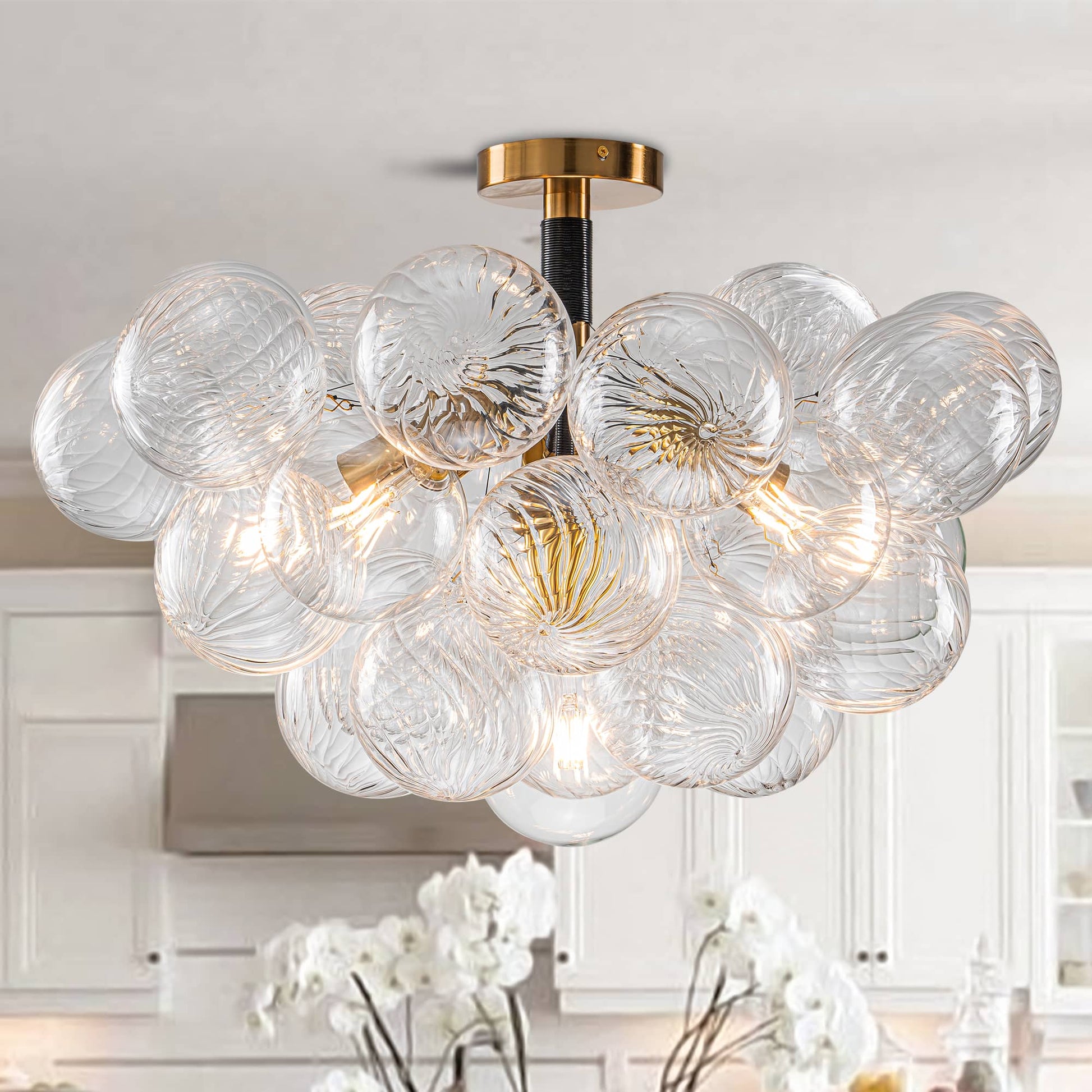 Semi-Flush Bubbles Chandelier Clear Ribbed Texture Glass Balls