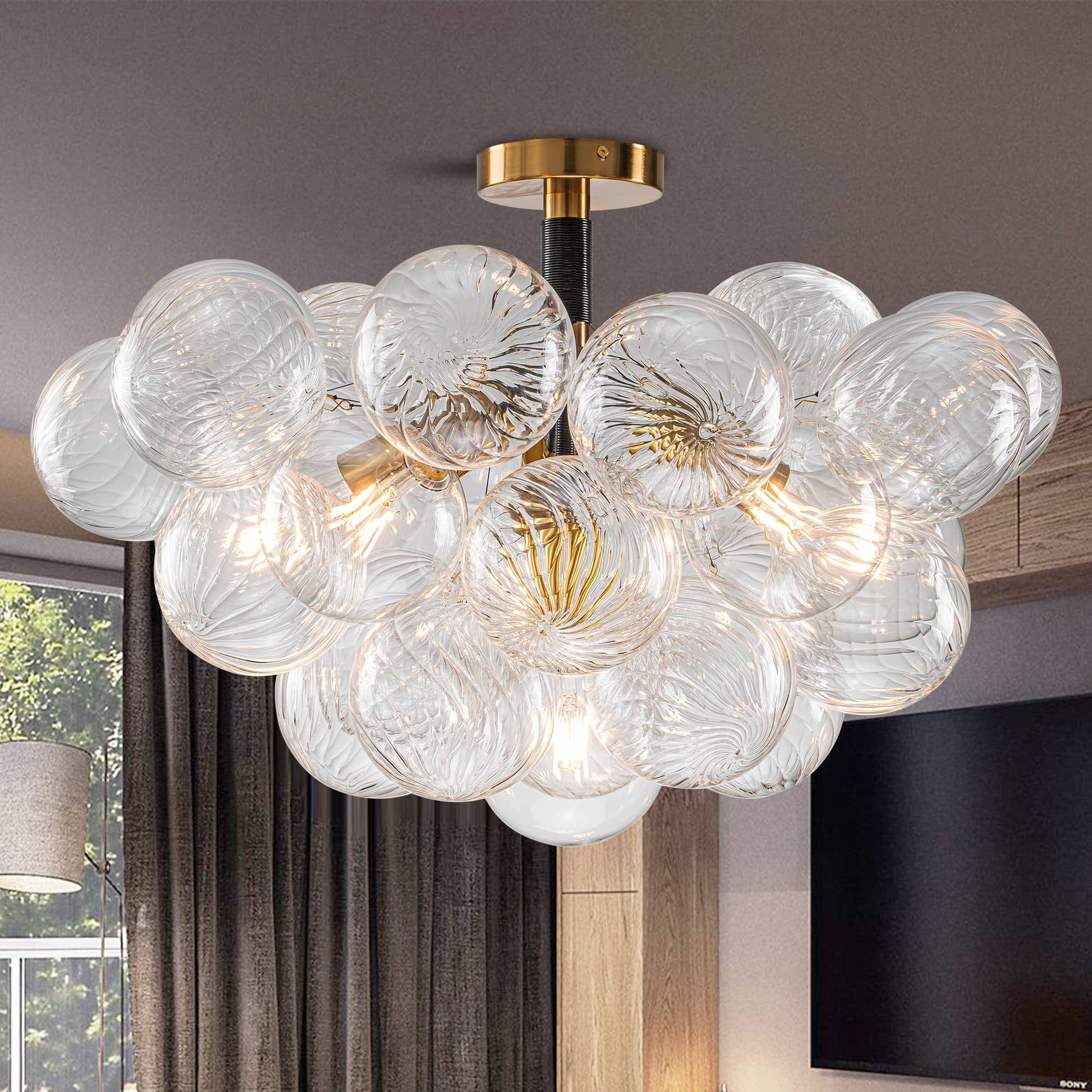 Semi-Flush Bubbles Chandelier Clear Ribbed Texture Glass Balls