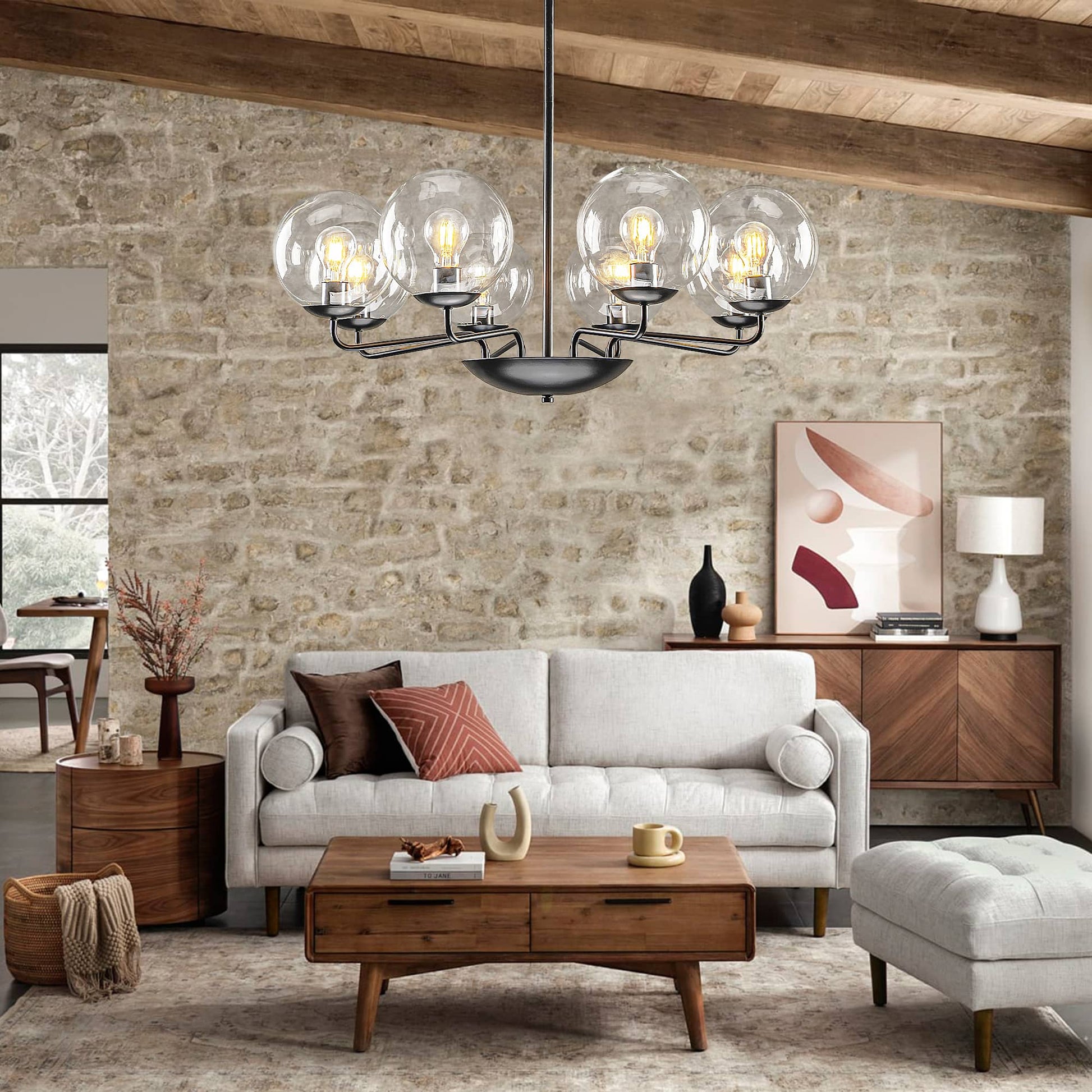 Modern Industrial Linear Candle Chandelier 8-Light Clear Glass Ball Shade