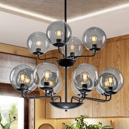 Retro Double-Layer Candelabra Chandelier 12-Light Smoky Gray Glass Ball Shade