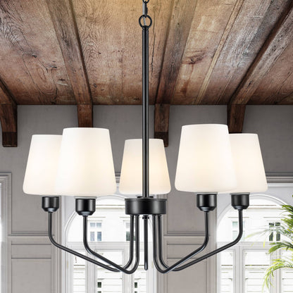 Nordic Style Candelabra Chandelier Matte Black 5-Light White Glass Shade