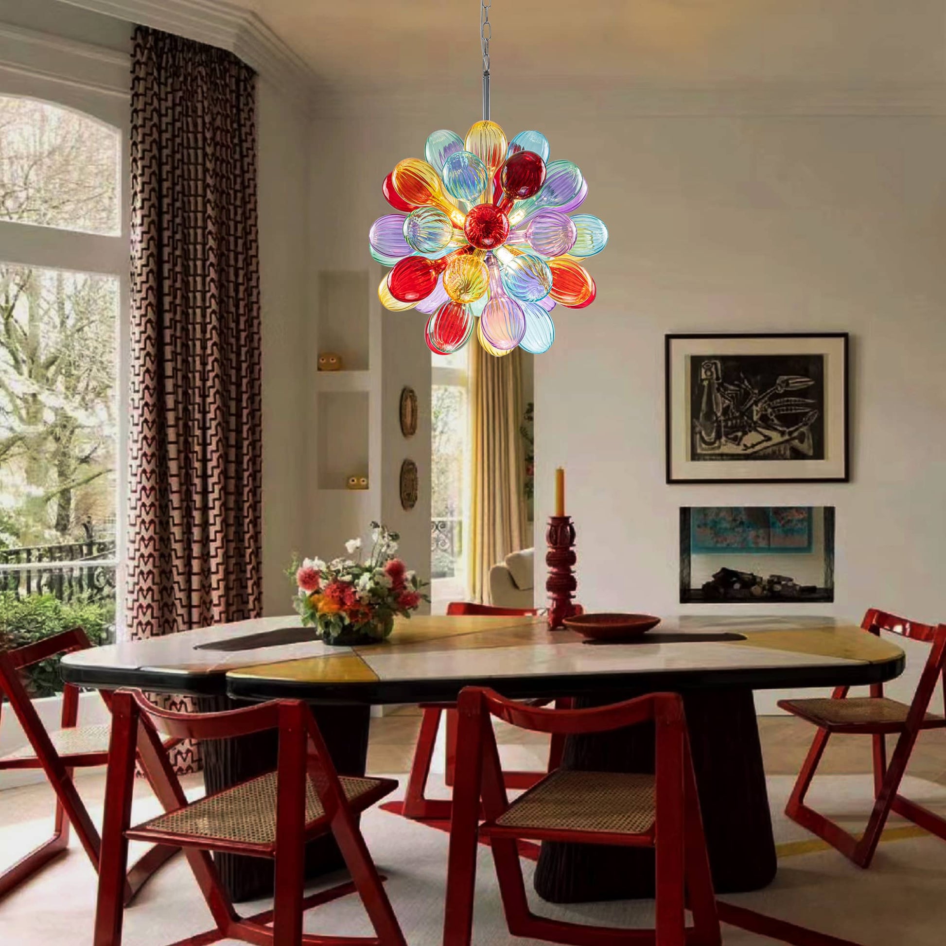 Large-scale colorful glass bubble chandelier as a centerpiece for a luxury dining room