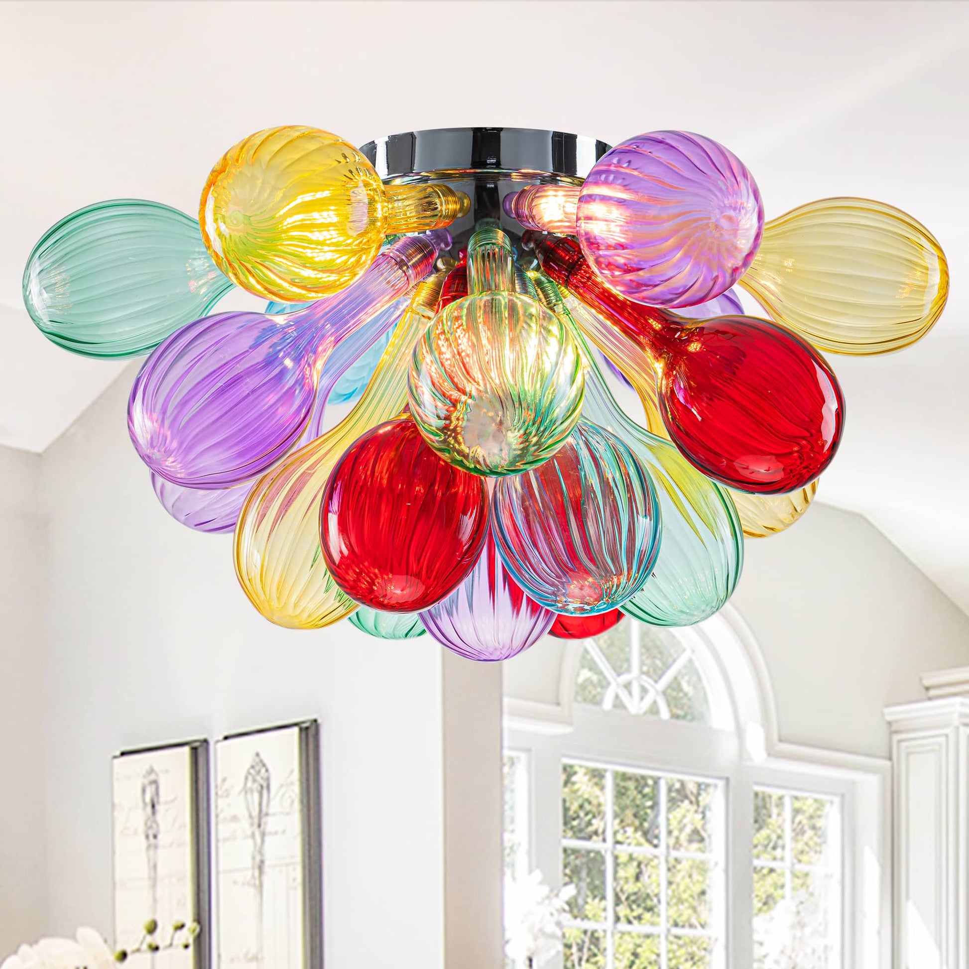 Blown Glass Bubbles Chandelier Semi-Flush Mounted Colorful Ribbed Glass