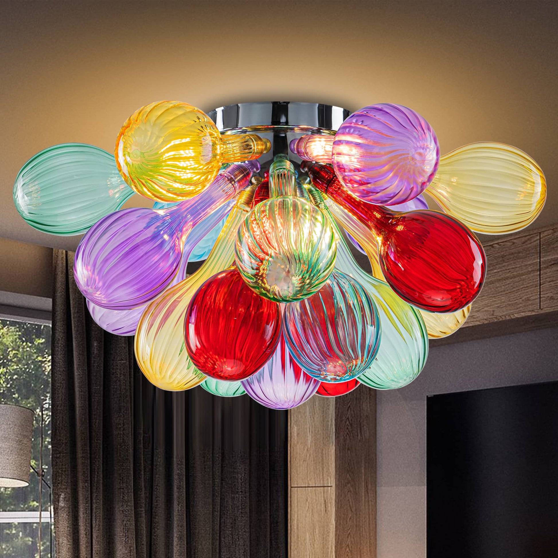 Close-up of a semi-flush bubbles chandelier with multi-colored striped glass balls and nickel finish.
