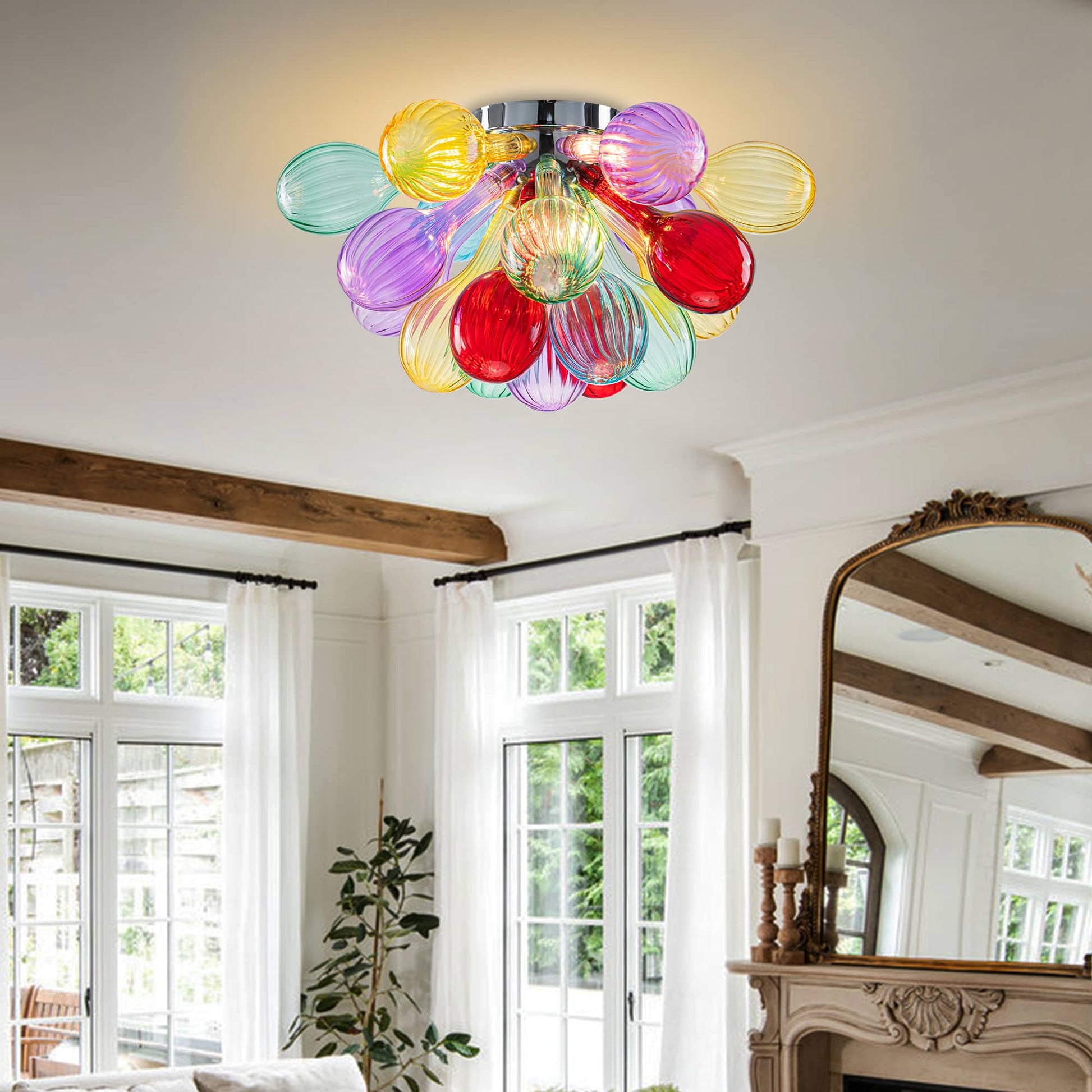 Blown Glass Bubbles Chandelier Semi-Flush Mounted Colorful Ribbed Glass