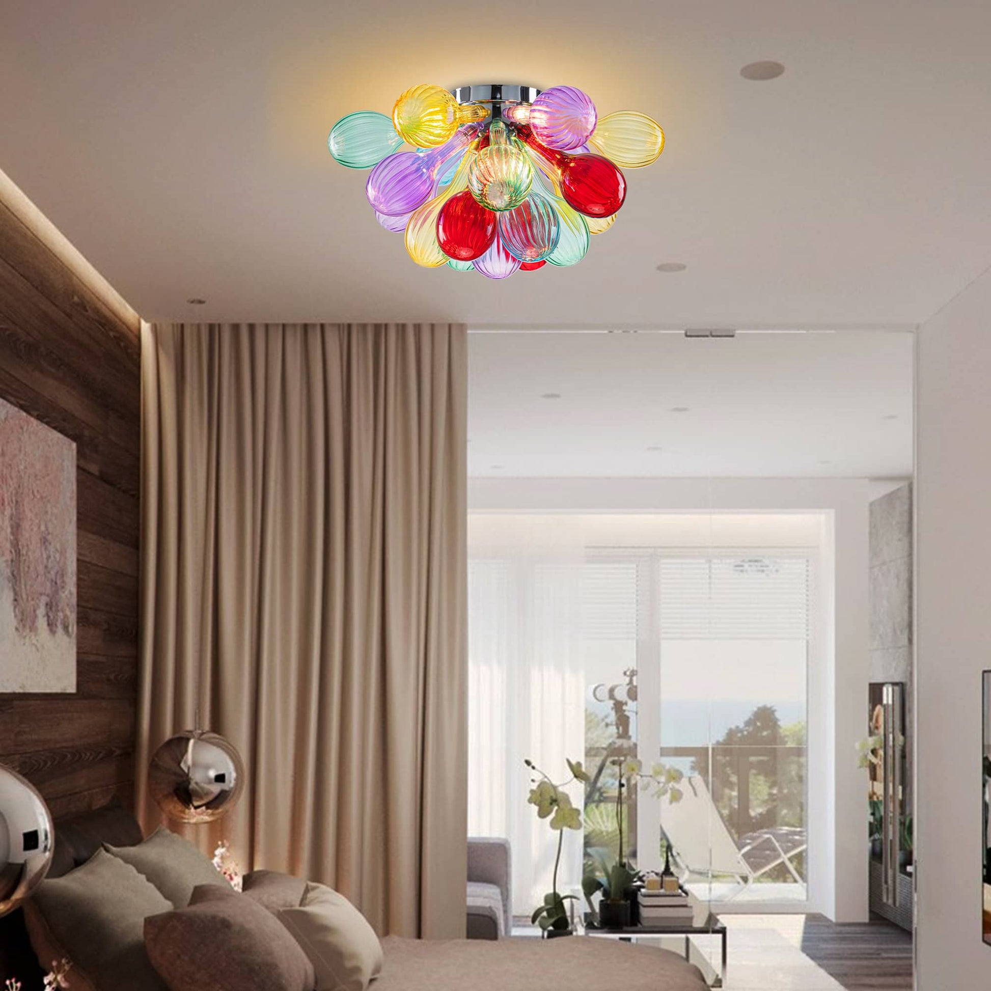 Blown Glass Bubbles Chandelier Semi-Flush Mounted Colorful Ribbed Glass