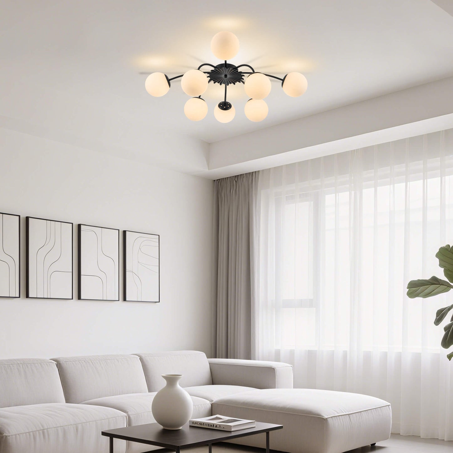Modern black semi flush mount ceiling light in a contemporary living room